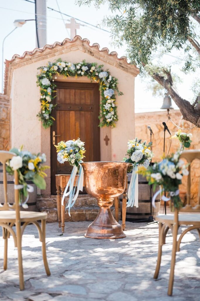 Στολισμός για Βάπτιση στο Κτήμα Αμπελώνες Μάρκου με μπλε ορτανσίες